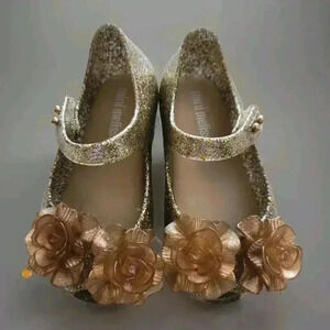 Mini Melissa Mini Ultragirl Garden FLORAL Clear Glitter Gold‎ size 6c Excellent